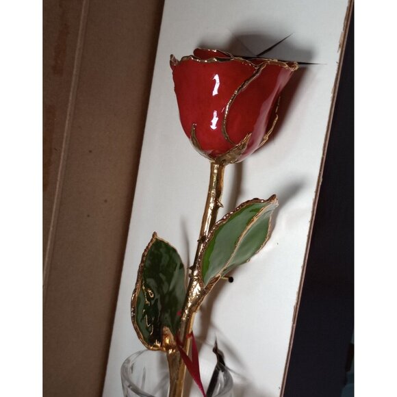 24k Gold Trim Red Rose & Small Bud Vase Set Lacquer Dipped - Picture 3 of 9
